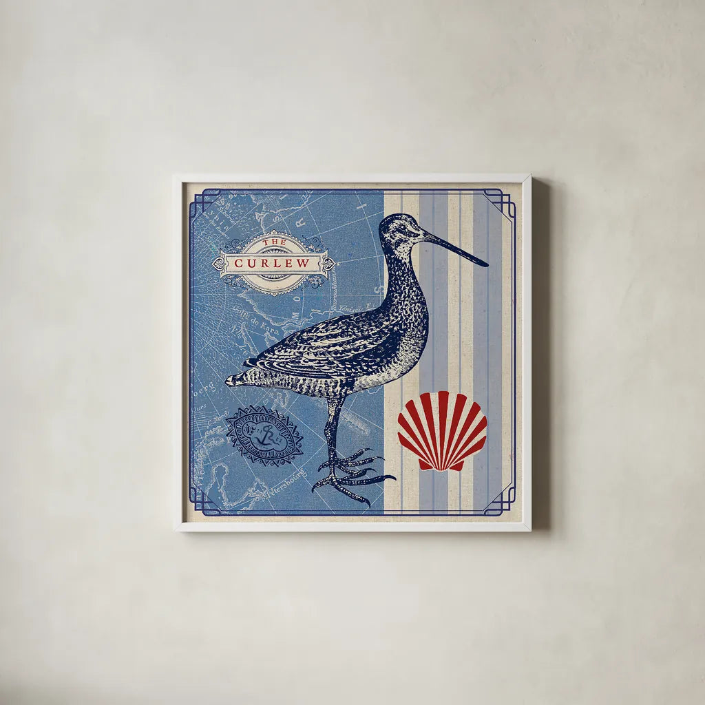Sea Bird III by Studio Mousseau. Shown in a crisp white glass frame for a clean and minimalist style. Available as an archival giclee rolled canvas, fine art paper, or poster print. SKU 24705a.
