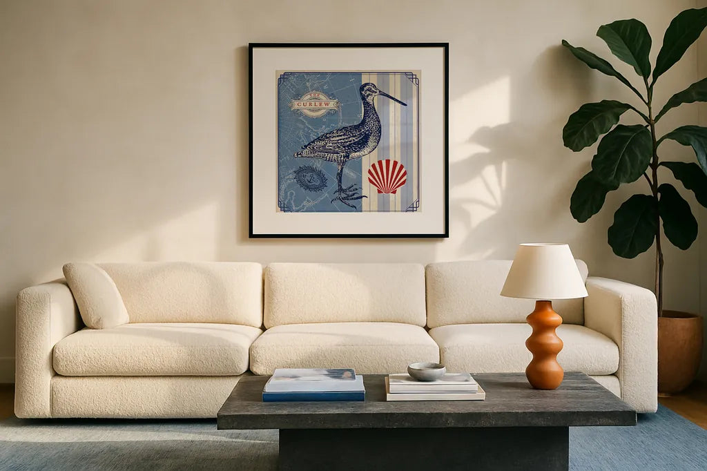 Sea Bird III by Studio Mousseau. Displayed in a glass frame with matte in a clean modern living room. Available as an archival giclee rolled canvas, fine art paper, or poster print. SKU 24705a.