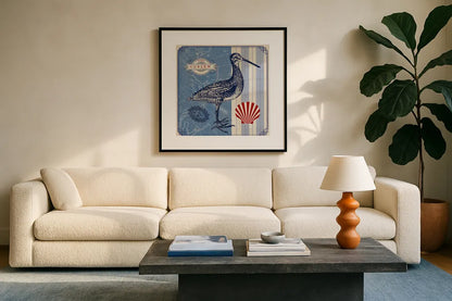 Sea Bird III by Studio Mousseau. Displayed in a glass frame with matte in a clean modern living room. Available as an archival giclee rolled canvas, fine art paper, or poster print. SKU 24705a.