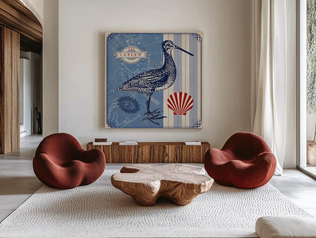 Sea Bird III by Studio Mousseau. Shown as extra-large giant wall art in a modern living room. Available as an archival giclee rolled canvas, fine art paper, or poster print. SKU 24705a.