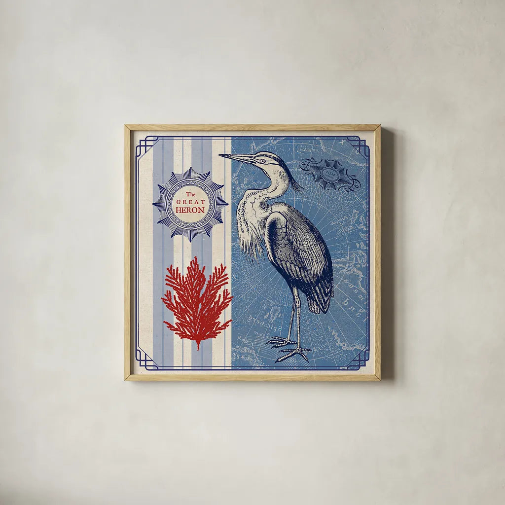 Sea Bird IV by Studio Mousseau. Shown in a natural wood glass frame for a timeless modern aesthetic. Available as an archival giclee rolled canvas, fine art paper, or poster print. SKU 24706a.