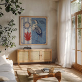 Sea Bird IV by Studio Mousseau. Shown in a natural wood frame in a cozy modern living room. Available as an archival giclee rolled canvas, fine art paper, or poster print. SKU 24706a.