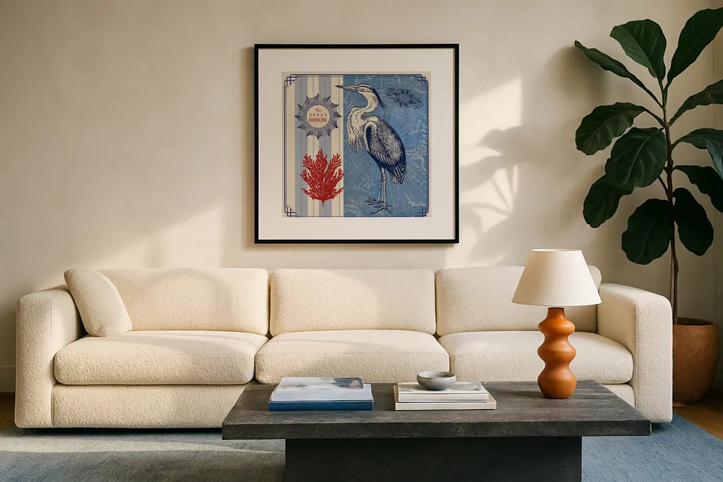 Sea Bird IV by Studio Mousseau. Displayed in a glass frame with matte in a clean modern living room. Available as an archival giclee rolled canvas, fine art paper, or poster print. SKU 24706a.