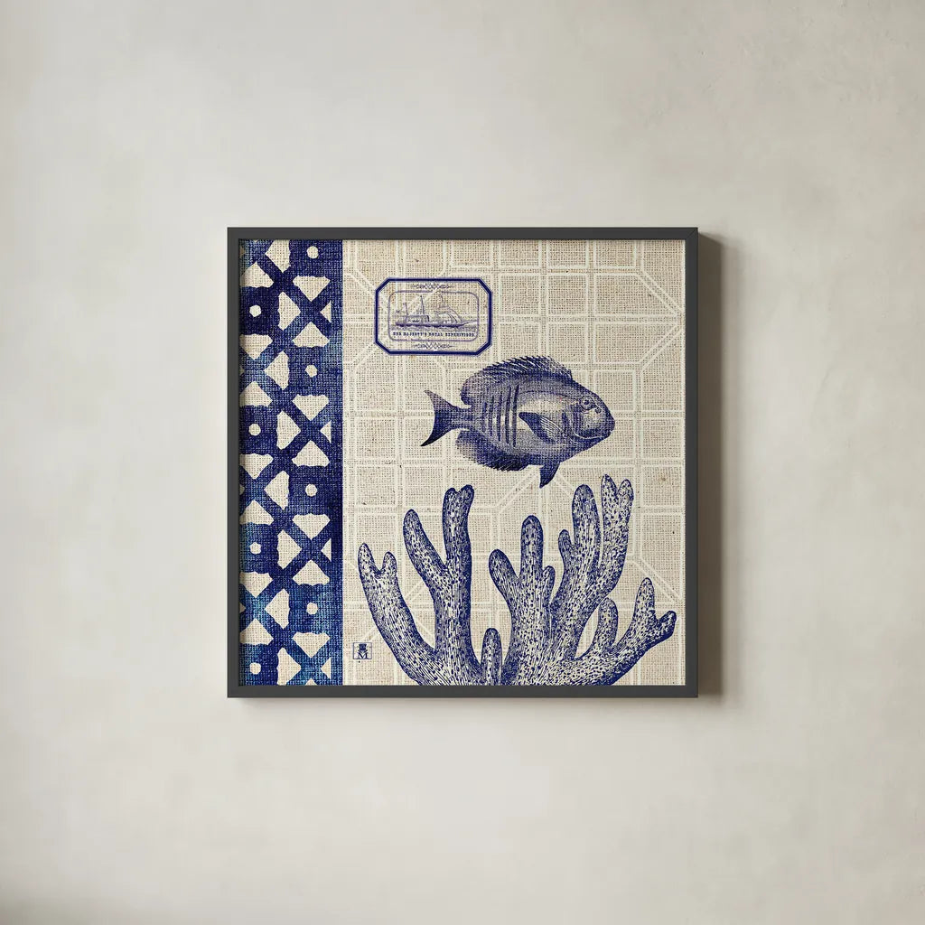 Sea Shore Square I by Studio Mousseau. Shown in a sleek black glass frame for a contemporary gallery look. Available as an archival giclee rolled canvas, fine art paper, or poster print. SKU 11521a.