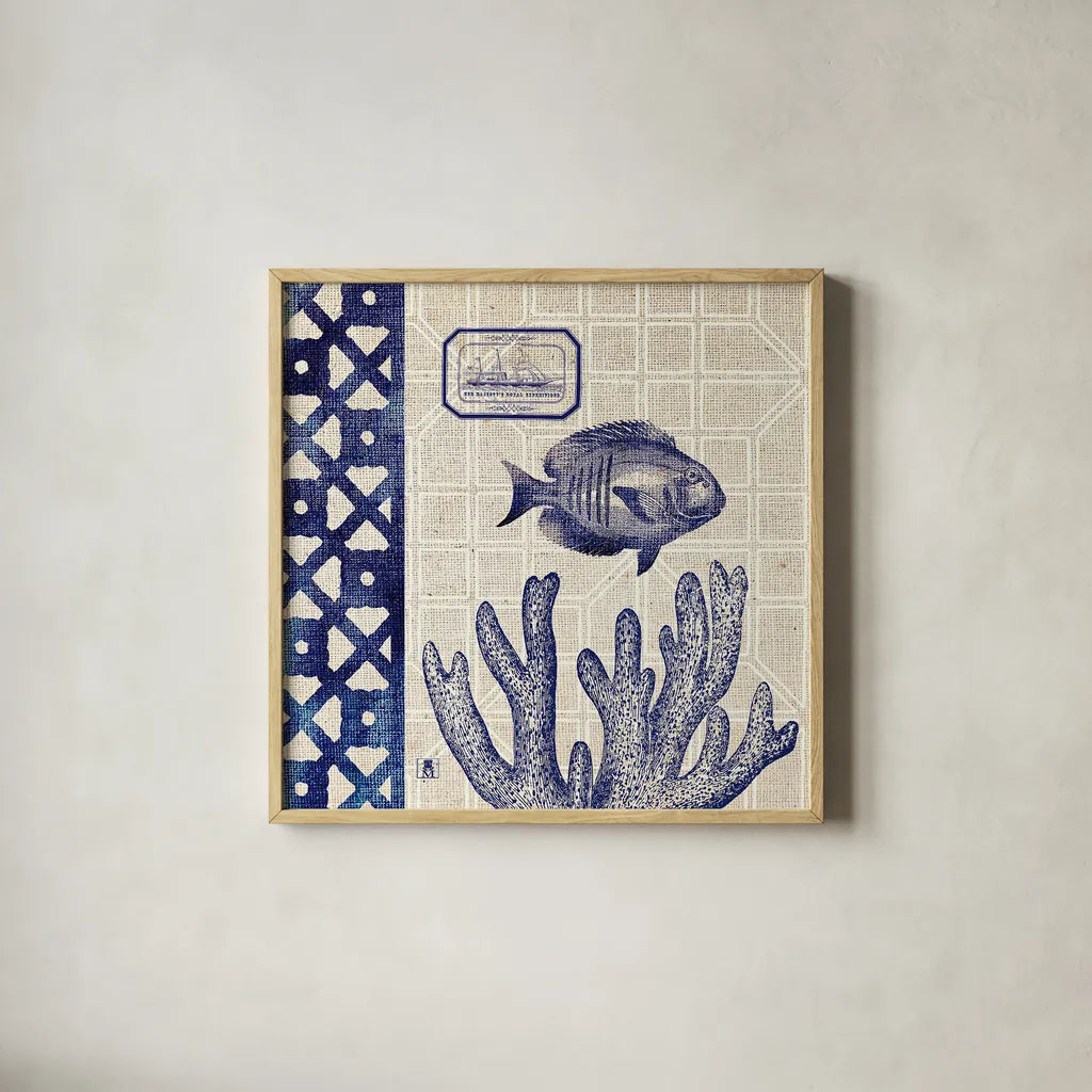 Sea Shore Square I by Studio Mousseau. Shown in a natural wood glass frame for a timeless modern aesthetic. Available as an archival giclee rolled canvas, fine art paper, or poster print. SKU 11521a.