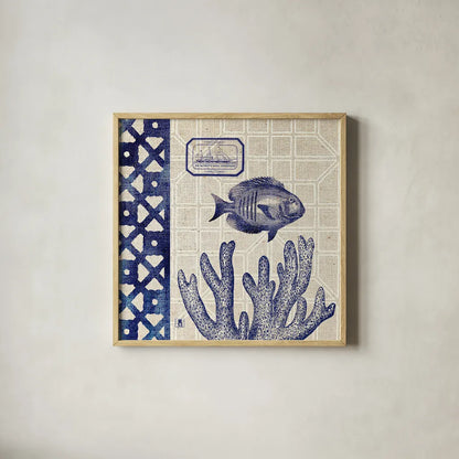 Sea Shore Square I by Studio Mousseau. Shown in a natural wood glass frame for a timeless modern aesthetic. Available as an archival giclee rolled canvas, fine art paper, or poster print. SKU 11521a.