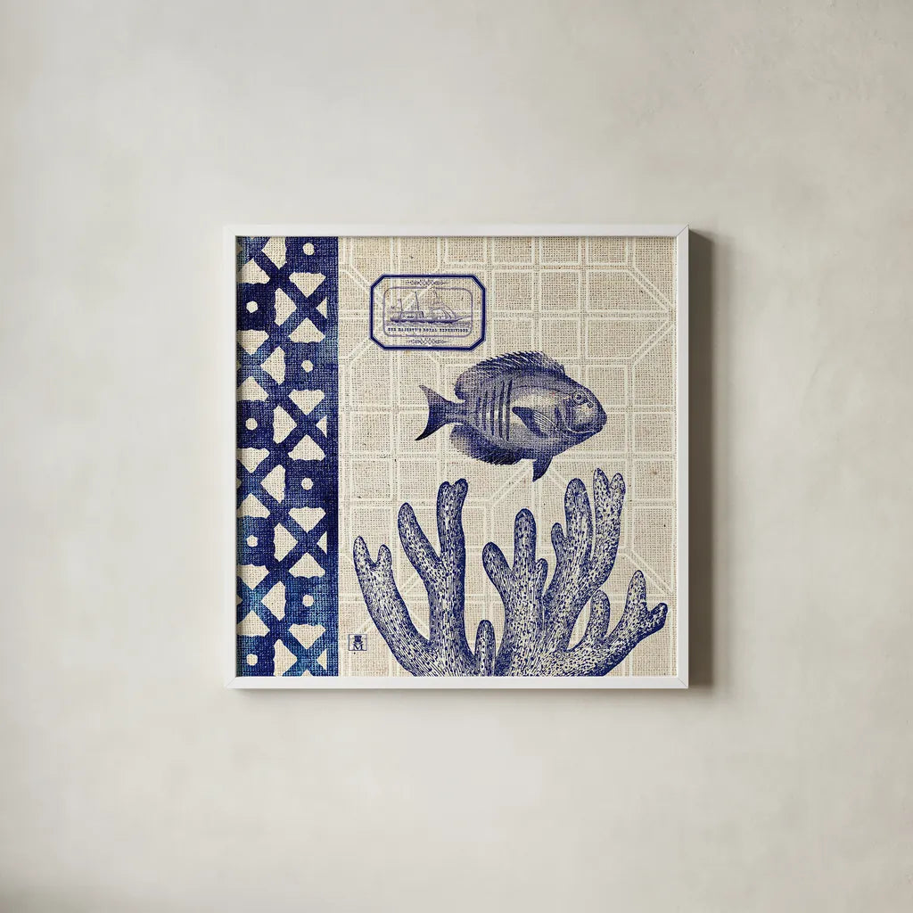 Sea Shore Square I by Studio Mousseau. Shown in a crisp white glass frame for a clean and minimalist style. Available as an archival giclee rolled canvas, fine art paper, or poster print. SKU 11521a.