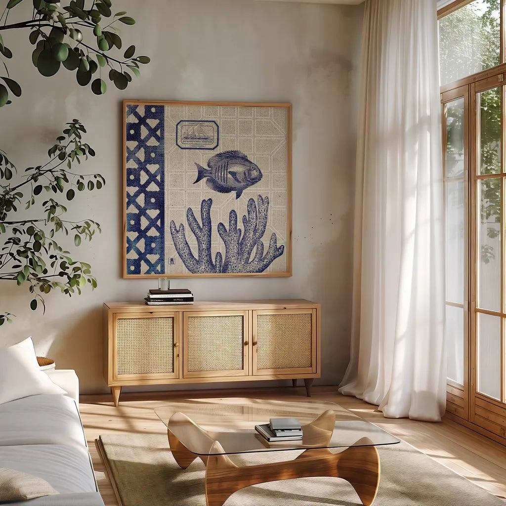 Sea Shore Square I by Studio Mousseau. Shown in a natural wood frame in a cozy modern living room. Available as an archival giclee rolled canvas, fine art paper, or poster print. SKU 11521a.