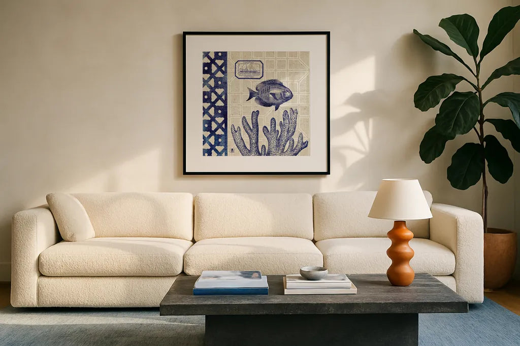 Sea Shore Square I by Studio Mousseau. Displayed in a glass frame with matte in a clean modern living room. Available as an archival giclee rolled canvas, fine art paper, or poster print. SKU 11521a.