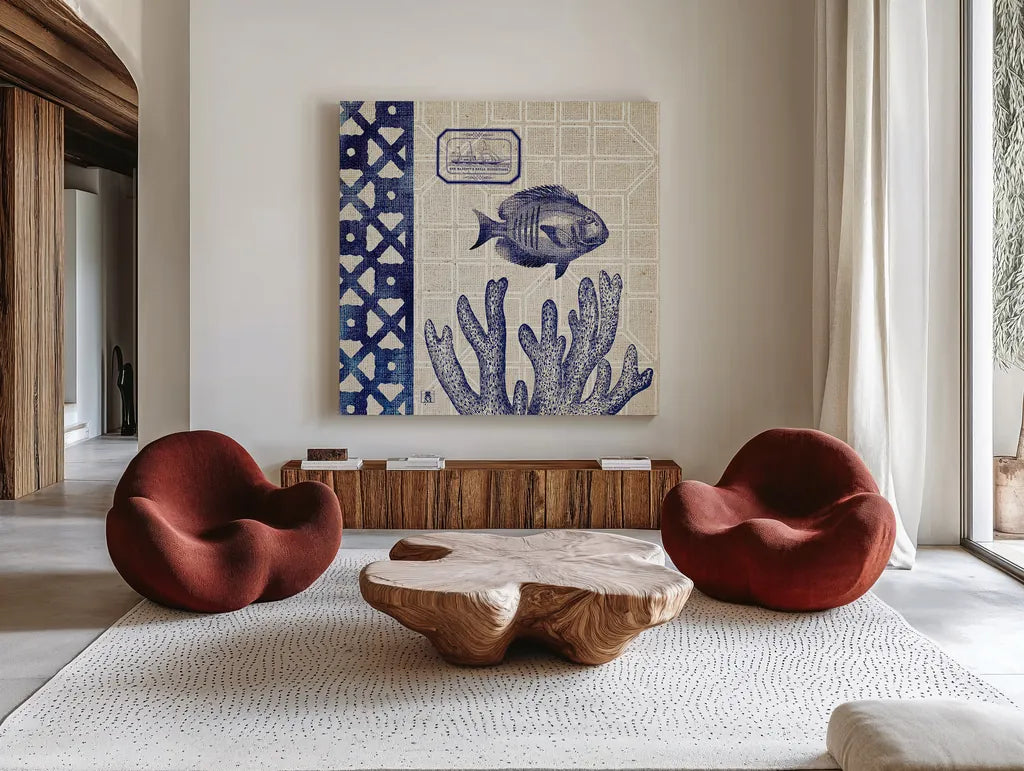 Sea Shore Square I by Studio Mousseau. Shown as extra-large giant wall art in a modern living room. Available as an archival giclee rolled canvas, fine art paper, or poster print. SKU 11521a.