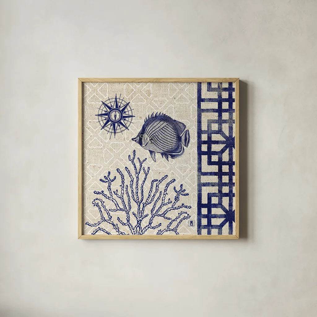 Sea Shore Square II by Studio Mousseau. Shown in a natural wood glass frame for a timeless modern aesthetic. Available as an archival giclee rolled canvas, fine art paper, or poster print. SKU 11522a.