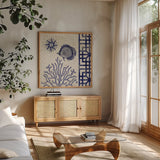 Sea Shore Square II by Studio Mousseau. Shown in a natural wood frame in a cozy modern living room. Available as an archival giclee rolled canvas, fine art paper, or poster print. SKU 11522a.
