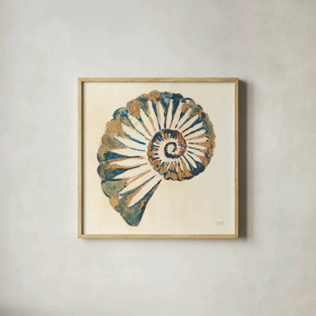 Shell I by Studio Mousseau. Shown in a natural wood glass frame for a timeless modern aesthetic. Available as an archival giclee rolled canvas, fine art paper, or poster print. SKU 40431a.