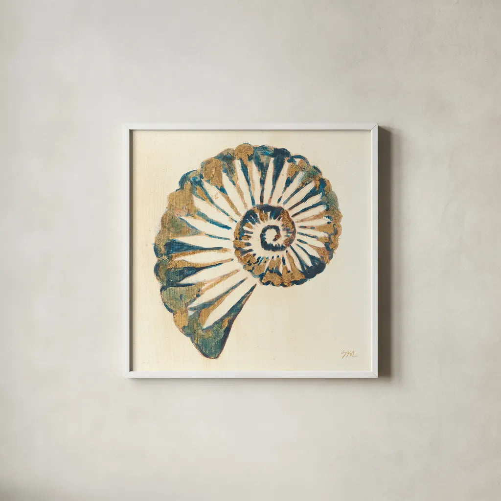 Shell I by Studio Mousseau. Shown in a crisp white glass frame for a clean and minimalist style. Available as an archival giclee rolled canvas, fine art paper, or poster print. SKU 40431a.
