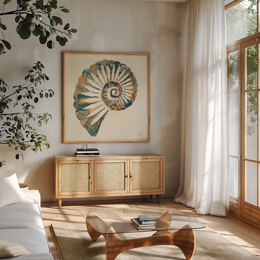 Shell I by Studio Mousseau. Shown in a natural wood frame in a cozy modern living room. Available as an archival giclee rolled canvas, fine art paper, or poster print. SKU 40431a.