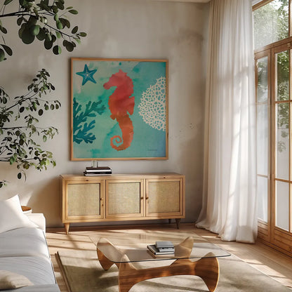 Under the Sea I by Studio Mousseau. Shown in a natural wood frame in a cozy modern living room. Available as an archival giclee rolled canvas, fine art paper, or poster print. SKU 34637a.