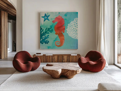 Under the Sea I by Studio Mousseau. Shown as extra-large giant wall art in a modern living room. Available as an archival giclee rolled canvas, fine art paper, or poster print. SKU 34637a.