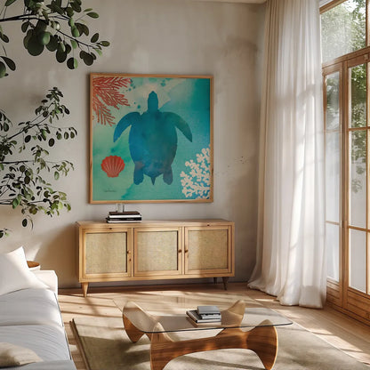 Under the Sea II by Studio Mousseau. Shown in a natural wood frame in a cozy modern living room. Available as an archival giclee rolled canvas, fine art paper, or poster print. SKU 34638a.