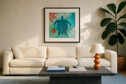 Under the Sea II by Studio Mousseau. Displayed in a glass frame with matte in a clean modern living room. Available as an archival giclee rolled canvas, fine art paper, or poster print. SKU 34638a.