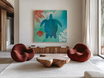 Under the Sea II by Studio Mousseau. Shown as extra-large giant wall art in a modern living room. Available as an archival giclee rolled canvas, fine art paper, or poster print. SKU 34638a.