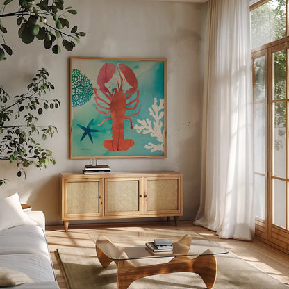 Under the Sea IV by Studio Mousseau. Shown in a natural wood frame in a cozy modern living room. Available as an archival giclee rolled canvas, fine art paper, or poster print. SKU 34640a.