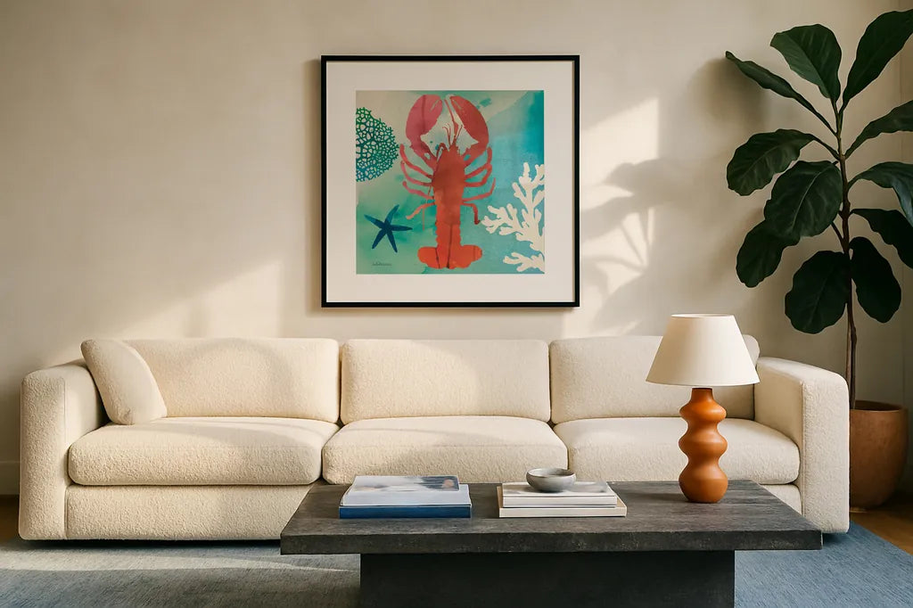 Under the Sea IV by Studio Mousseau. Displayed in a glass frame with matte in a clean modern living room. Available as an archival giclee rolled canvas, fine art paper, or poster print. SKU 34640a.