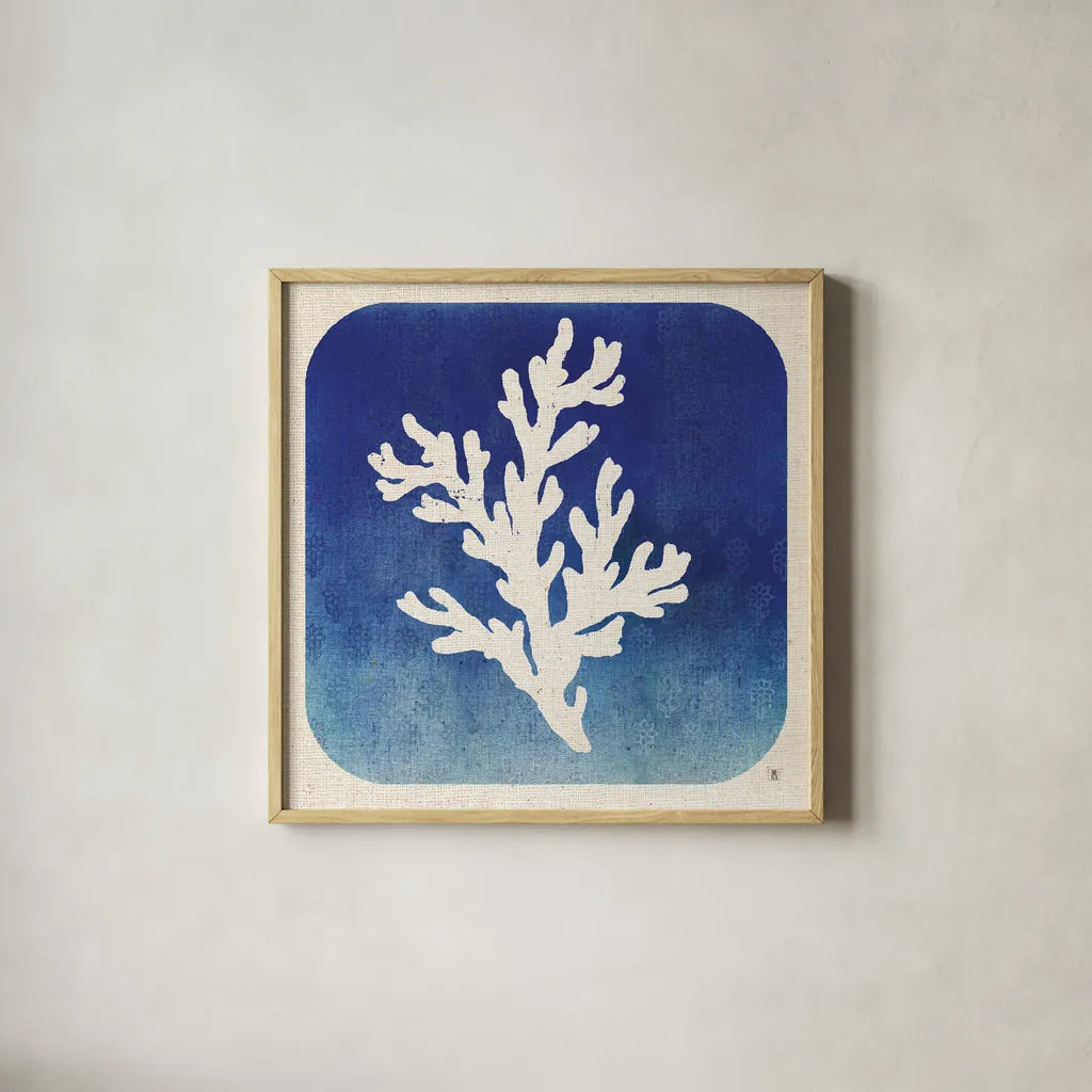 Watermark Coral  by Studio Mousseau. Shown in a natural wood glass frame for a timeless modern aesthetic. Available as an archival giclee rolled canvas, fine art paper, or poster print. SKU 25969a.