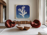 Watermark Coral  by Studio Mousseau. Shown as extra-large giant wall art in a modern living room. Available as an archival giclee rolled canvas, fine art paper, or poster print. SKU 25969a.
