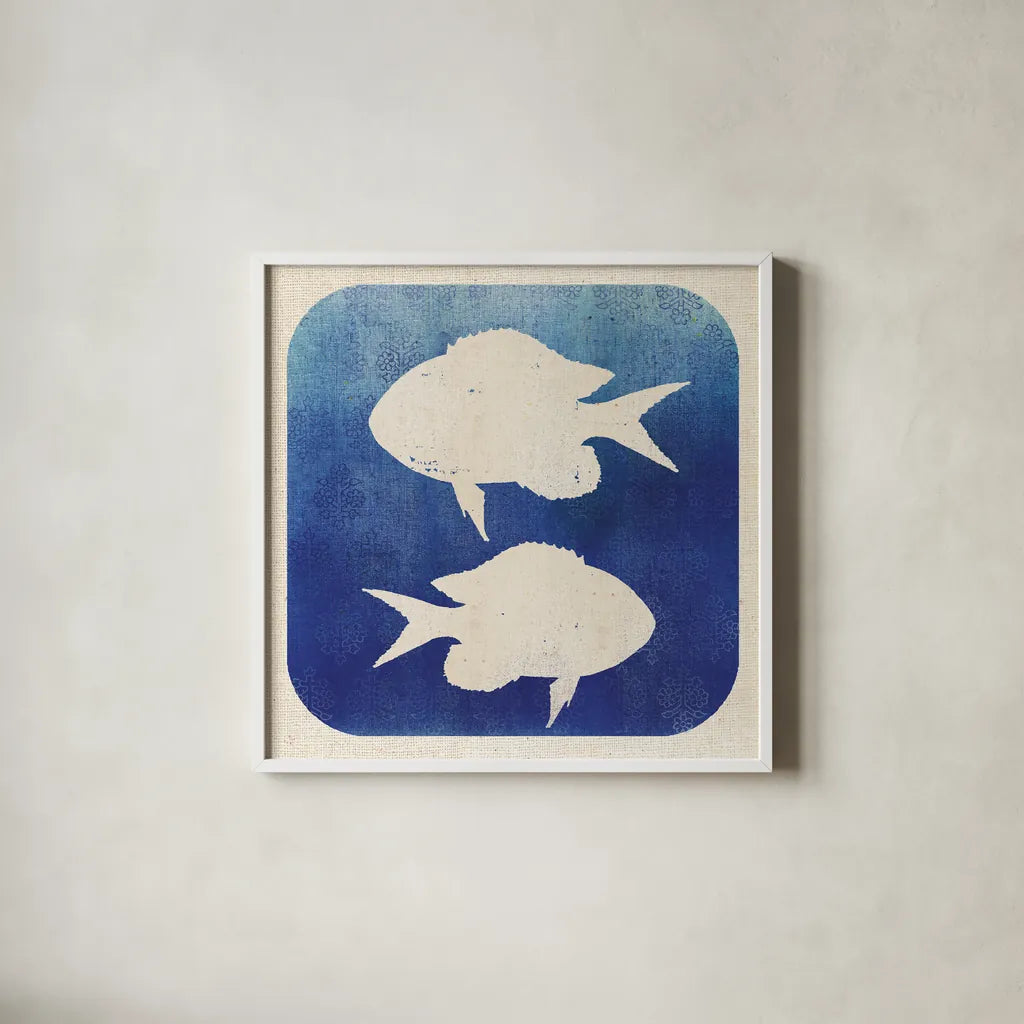 Watermark Fish by Studio Mousseau. Shown in a crisp white glass frame for a clean and minimalist style. Available as an archival giclee rolled canvas, fine art paper, or poster print. SKU 25970a.