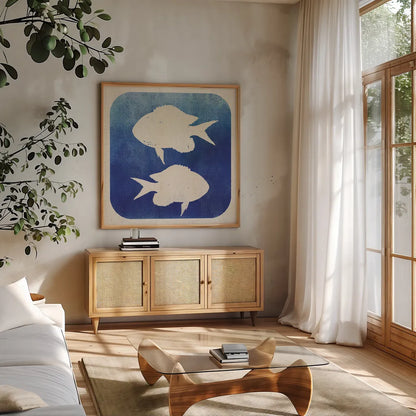 Watermark Fish by Studio Mousseau. Shown in a natural wood frame in a cozy modern living room. Available as an archival giclee rolled canvas, fine art paper, or poster print. SKU 25970a.