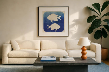Watermark Fish by Studio Mousseau. Displayed in a glass frame with matte in a clean modern living room. Available as an archival giclee rolled canvas, fine art paper, or poster print. SKU 25970a.
