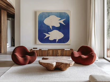 Watermark Fish by Studio Mousseau. Shown as extra-large giant wall art in a modern living room. Available as an archival giclee rolled canvas, fine art paper, or poster print. SKU 25970a.