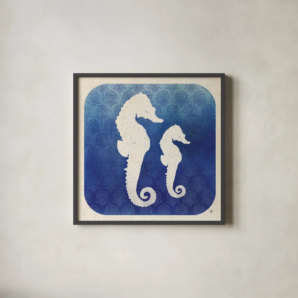 Watermark Seahorse by Studio Mousseau. Shown in a sleek black glass frame for a contemporary gallery look. Available as an archival giclee rolled canvas, fine art paper, or poster print. SKU 25971a.