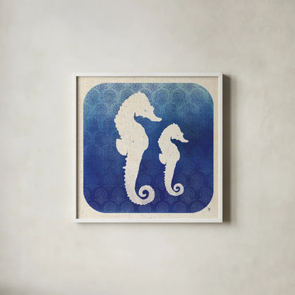 Watermark Seahorse by Studio Mousseau. Shown in a crisp white glass frame for a clean and minimalist style. Available as an archival giclee rolled canvas, fine art paper, or poster print. SKU 25971a.