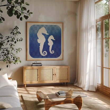 Watermark Seahorse by Studio Mousseau. Shown in a natural wood frame in a cozy modern living room. Available as an archival giclee rolled canvas, fine art paper, or poster print. SKU 25971a.