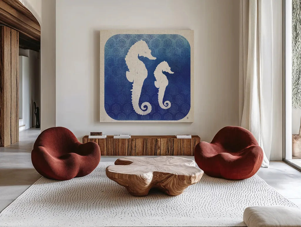 Watermark Seahorse by Studio Mousseau. Shown as extra-large giant wall art in a modern living room. Available as an archival giclee rolled canvas, fine art paper, or poster print. SKU 25971a.