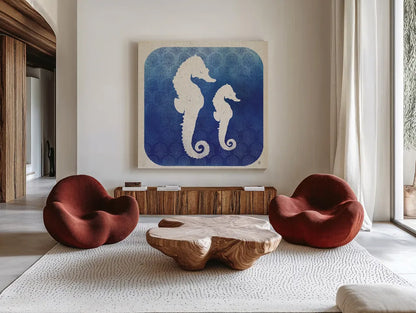 Watermark Seahorse by Studio Mousseau. Shown as extra-large giant wall art in a modern living room. Available as an archival giclee rolled canvas, fine art paper, or poster print. SKU 25971a.
