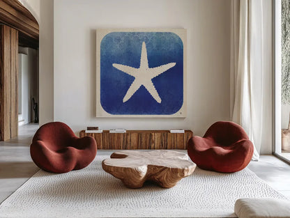 Watermark Starfish by Studio Mousseau. Shown as extra-large giant wall art in a modern living room. Available as an archival giclee rolled canvas, fine art paper, or poster print. SKU 25972a.