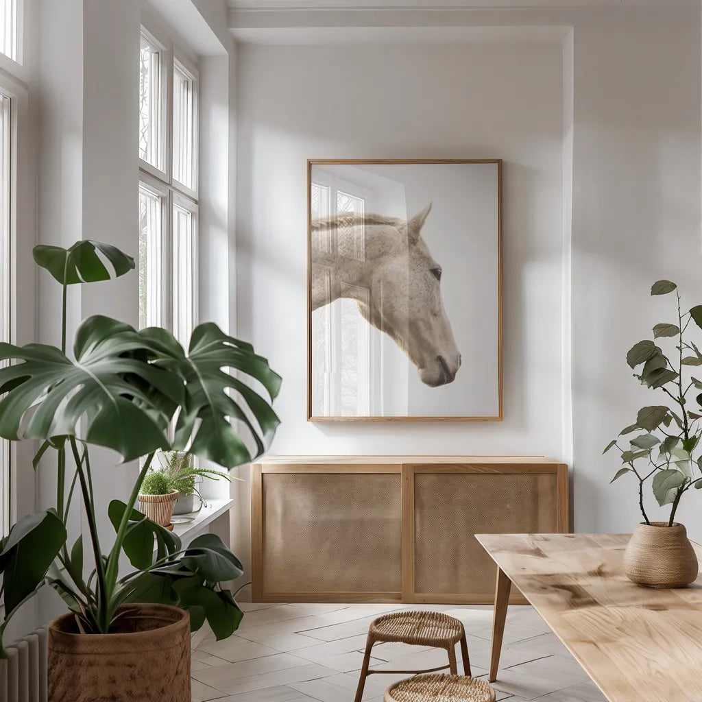A Horse Named Lady I by Sue Schlabach. shown as a print in a natural wood frame in a dining room. Available as a archival giclee rolled canvas, fine art paper, or poster print. SKU 72125h.