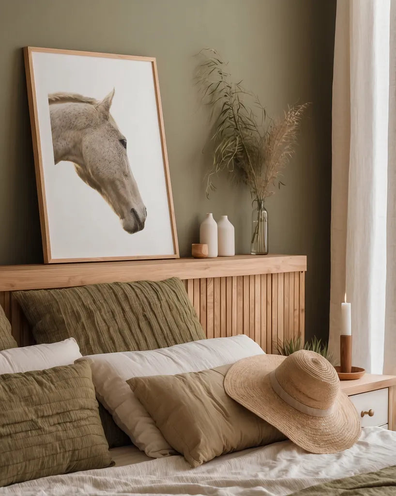 A Horse Named Lady I by Sue Schlabach. shown as a paper print in a natural frame. Available as a archival giclee rolled canvas, fine art paper, or poster print. SKU 72125h.