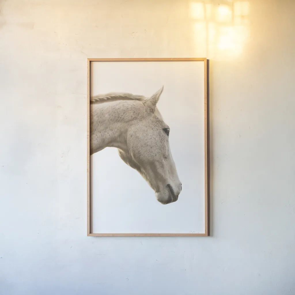 A Horse Named Lady I by Sue Schlabach. shown as a paper print in a natural frame. Available as a archival giclee rolled canvas, fine art paper, or poster print. SKU 72125h.