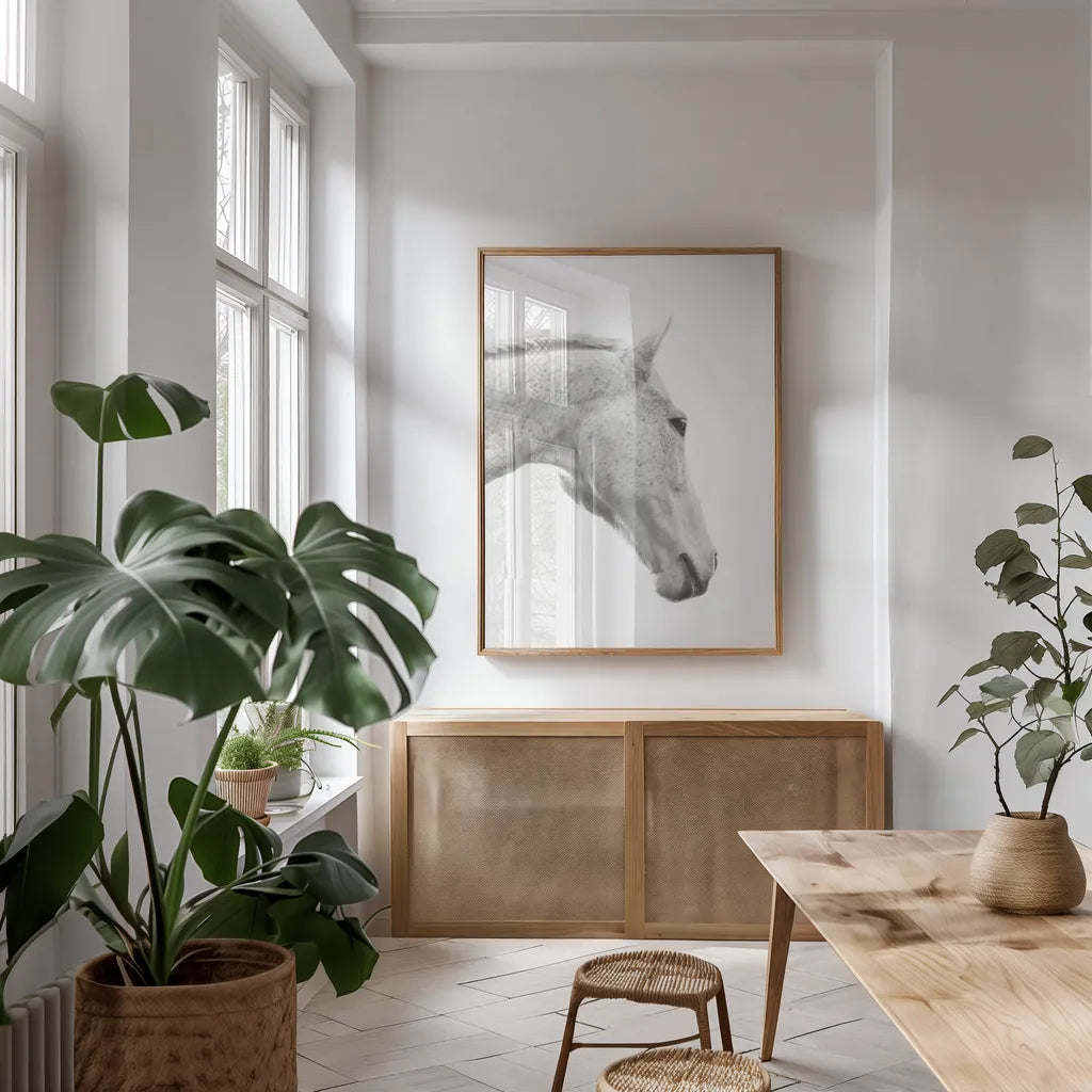A Horse Named Lady I BW by Sue Schlabach. shown as a print in a natural wood frame in a dining room. Available as a archival giclee rolled canvas, fine art paper, or poster print. SKU 72127h.