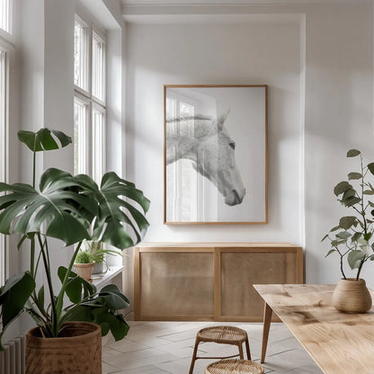 A Horse Named Lady I BW by Sue Schlabach. shown as a print in a natural wood frame in a dining room. Available as a archival giclee rolled canvas, fine art paper, or poster print. SKU 72127h.