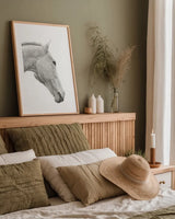 A Horse Named Lady I BW by Sue Schlabach. shown as a paper print in a natural frame. Available as a archival giclee rolled canvas, fine art paper, or poster print. SKU 72127h.