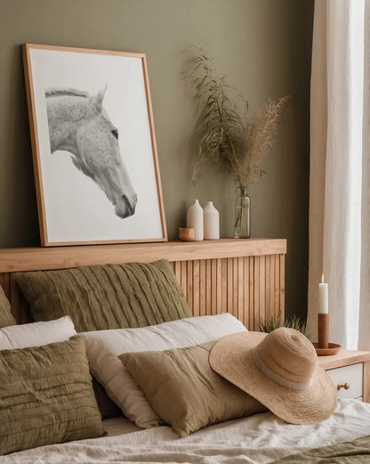 A Horse Named Lady I BW by Sue Schlabach. shown as a paper print in a natural frame. Available as a archival giclee rolled canvas, fine art paper, or poster print. SKU 72127h.