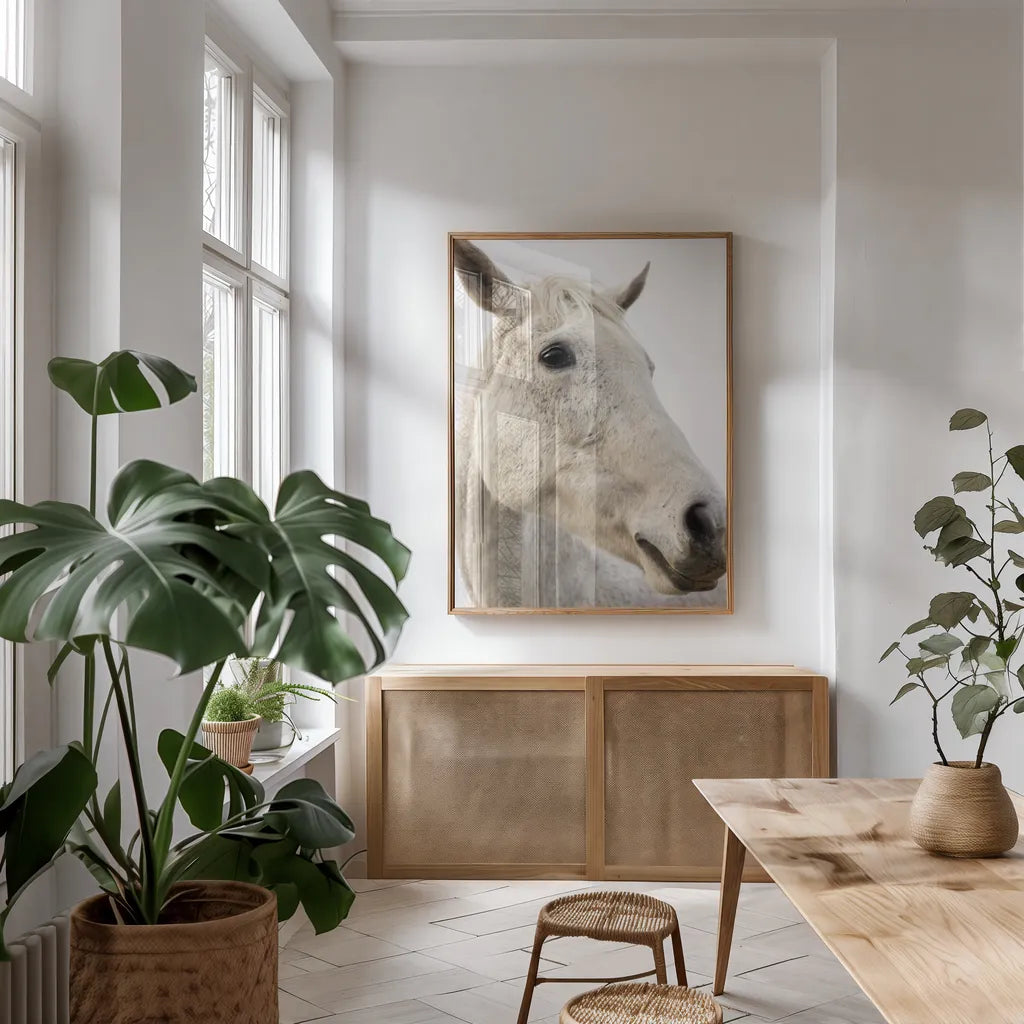 A Horse Named Lady II by Sue Schlabach. shown as a print in a natural wood frame in a dining room. Available as a archival giclee rolled canvas, fine art paper, or poster print. SKU 72126h.