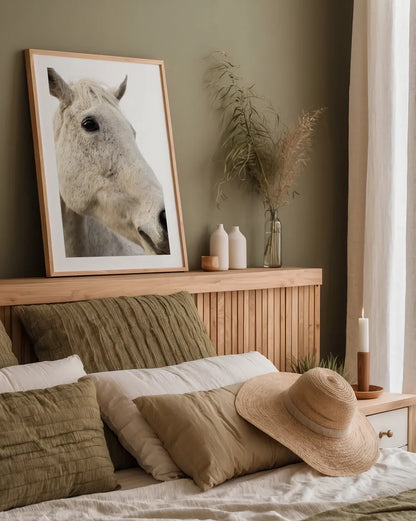 A Horse Named Lady II by Sue Schlabach. shown as a paper print in a natural frame. Available as a archival giclee rolled canvas, fine art paper, or poster print. SKU 72126h.
