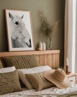 A Horse Named Lady II BW by Sue Schlabach. shown as a paper print in a natural frame. Available as a archival giclee rolled canvas, fine art paper, or poster print. SKU 72128h.