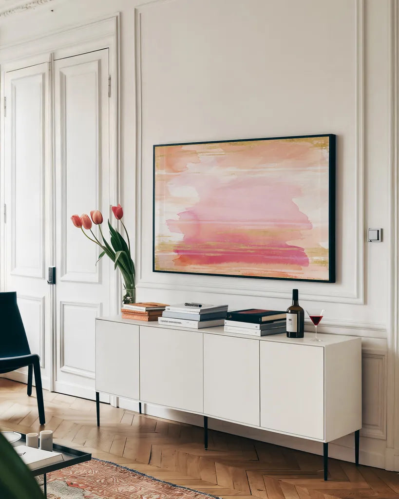 A Rosy View by Sue Schlabach. shown as a framed stretched canvas in a living room above a console. Available as a archival giclee rolled canvas, fine art paper, or poster print. SKU 66474i.