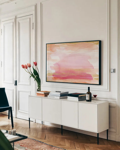 A Rosy View by Sue Schlabach. shown as a framed stretched canvas in a living room above a console. Available as a archival giclee rolled canvas, fine art paper, or poster print. SKU 66474i.